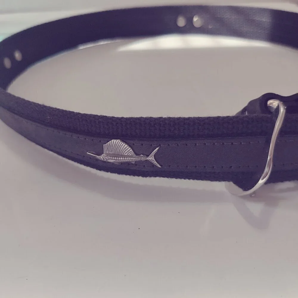 Zep Pro Belt with solid brass buckle and metal Sailfish on Suede. Woven balance